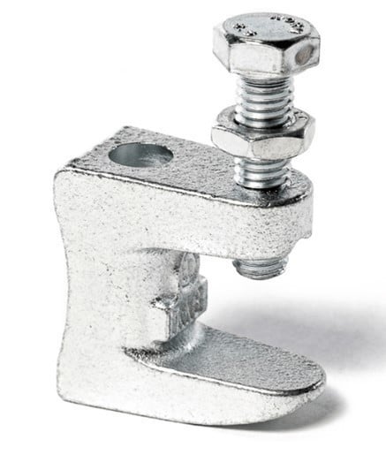 Silver colored metal beam clamp, C-shaped with a threaded bolt through one end